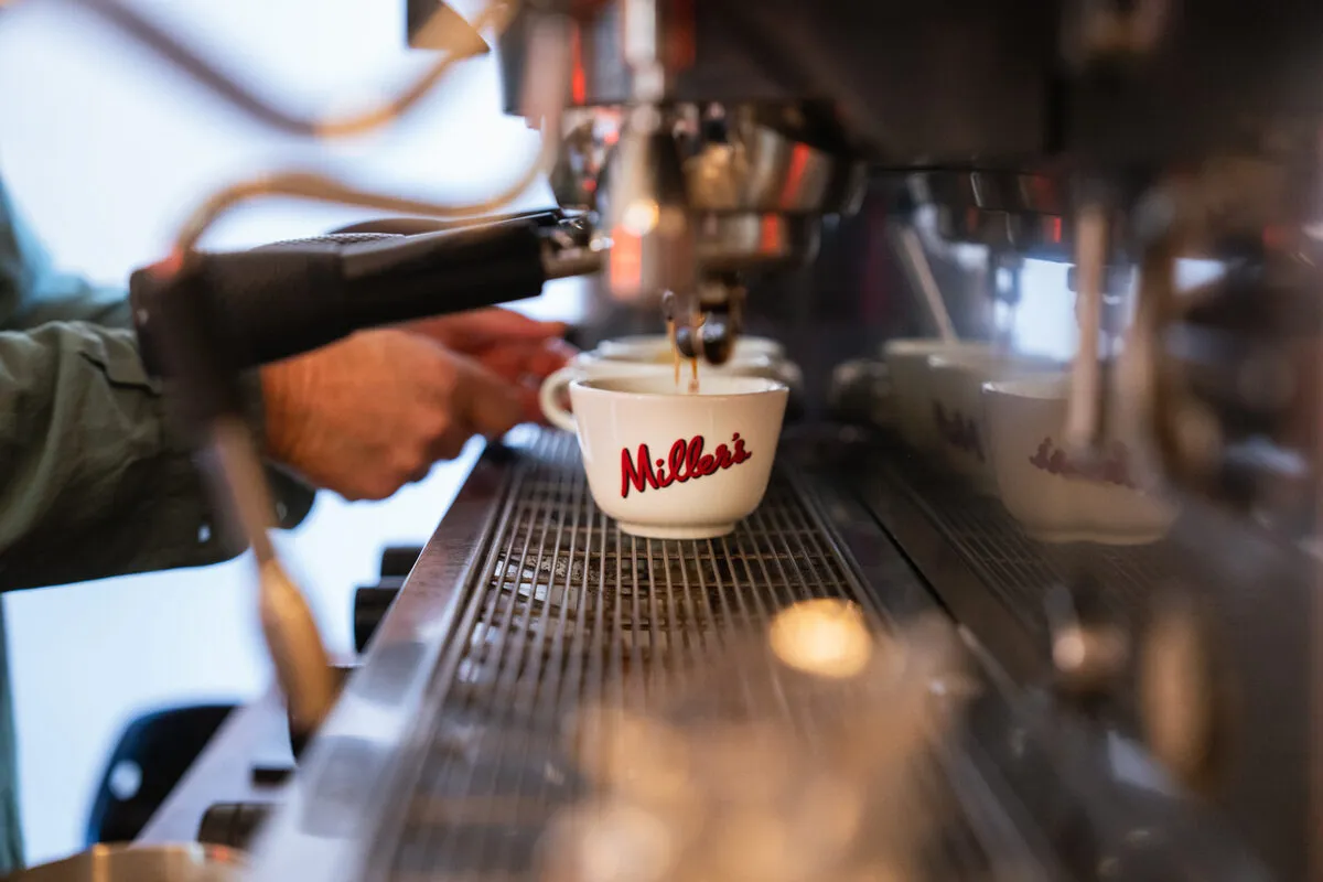 Espresso being pulled at Miller’s coffee roastery