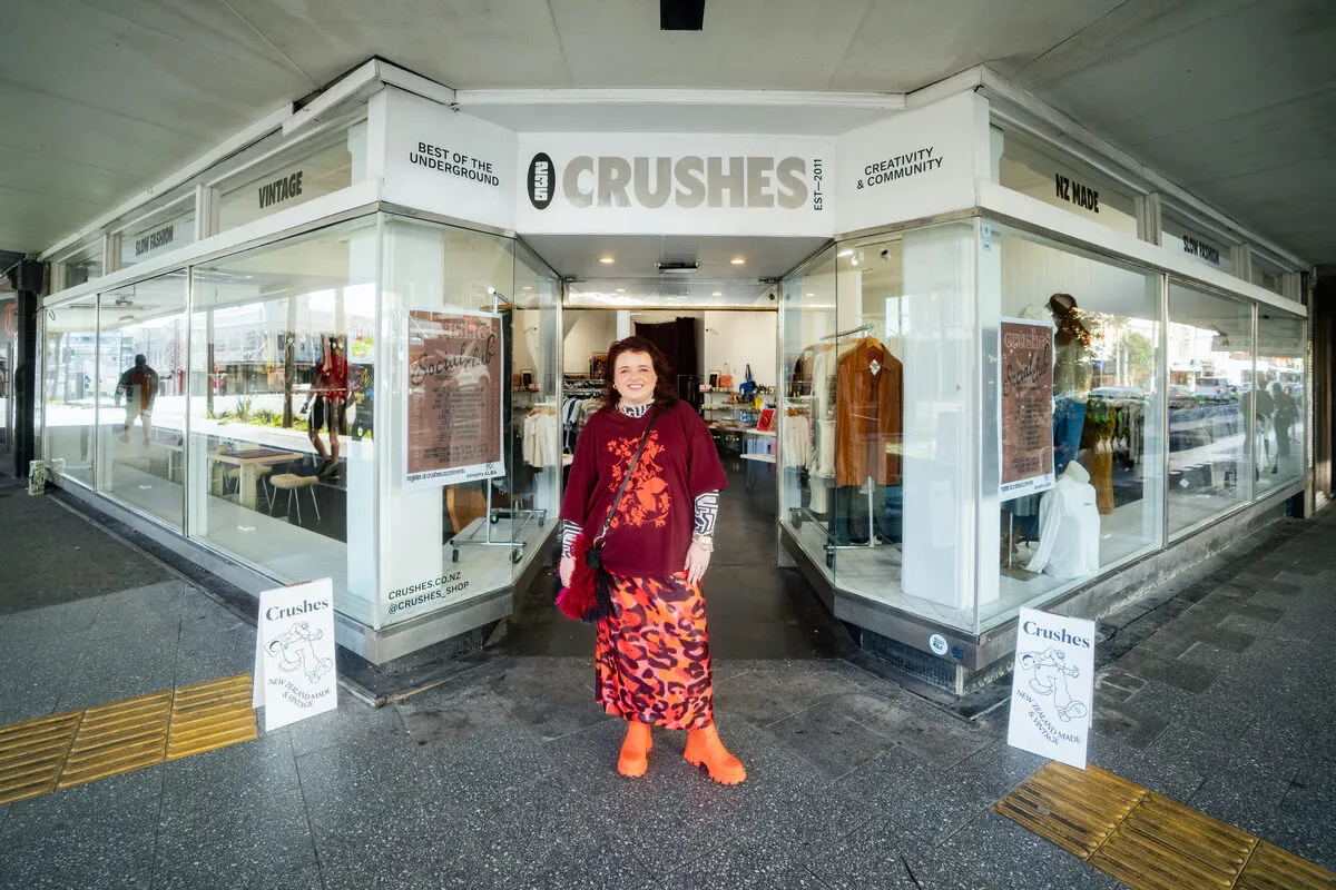 Evie Kemp browsing vintage clothing at Crushes on K’ Road