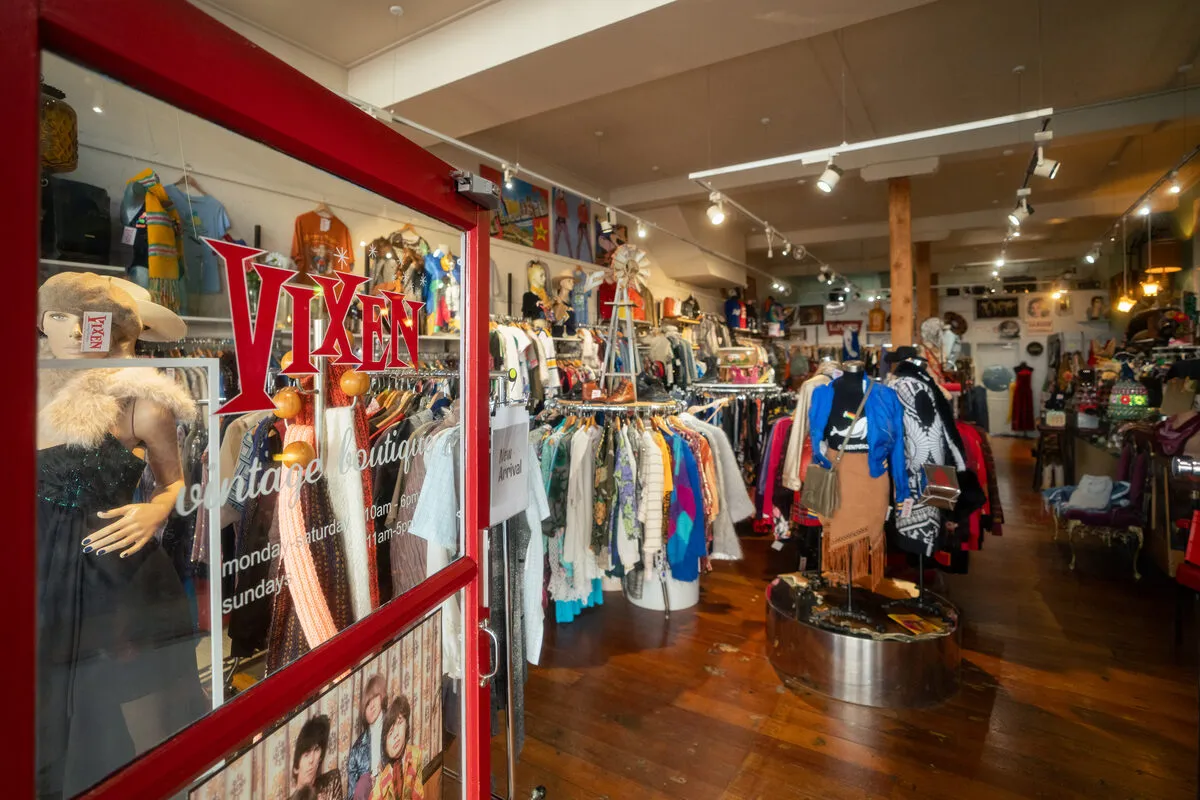 Racks of curated vintage clothing at Vixen Vintage Boutique